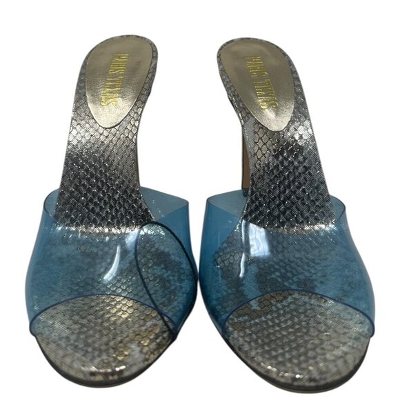 New Rare Paris Texas Metallic Gold Silver Snakeskin Leather Blue PVC Mules 8 38 - Picture 3 of 14